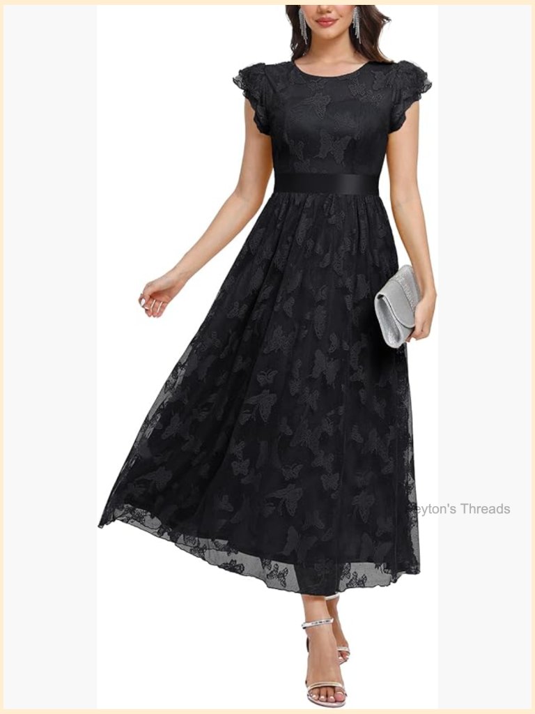 Tulle Midi Dress Flutter Sleeve Crewneck Lace Flowy A-Line Wedding Guest